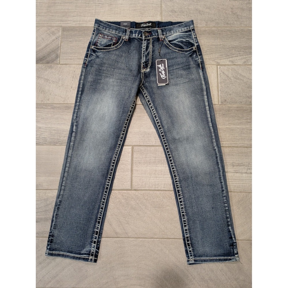 True Luck Men Classic Stretch Straight Jeans 34x30 Thick Stitch NWT
